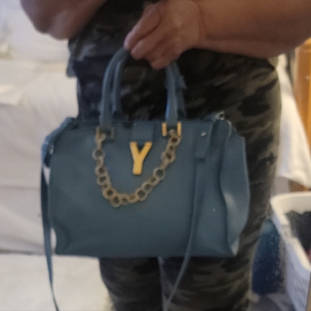 YVES SAINT LAURENT CABAS SATCHEL Blue Satchel with Gold HARDWARE (CHAIN Not Inc)